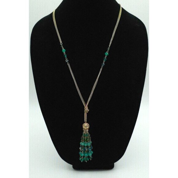 Vintage Emerald Tassel Pendant Necklace Silver Chain Boho Chic Layering Accessor - Picture 1 of 5